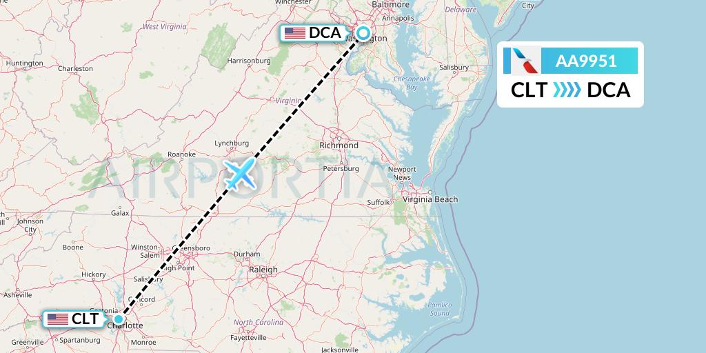 AA9951 American Airlines Flight Map: Charlotte to Washington