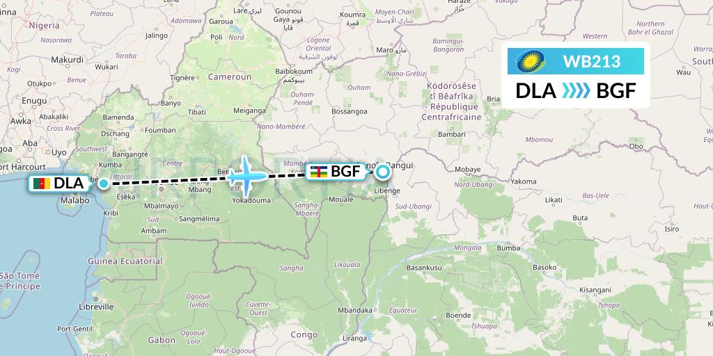 WB213 RwandAir Flight Map: Douala to Bangui