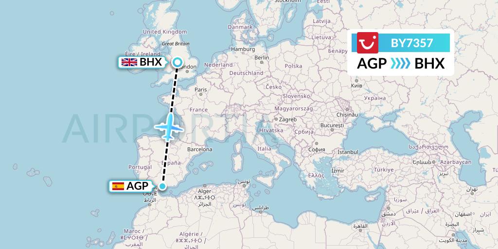 BY7357 TUI Airways Flight Map: Malaga to Birmingham