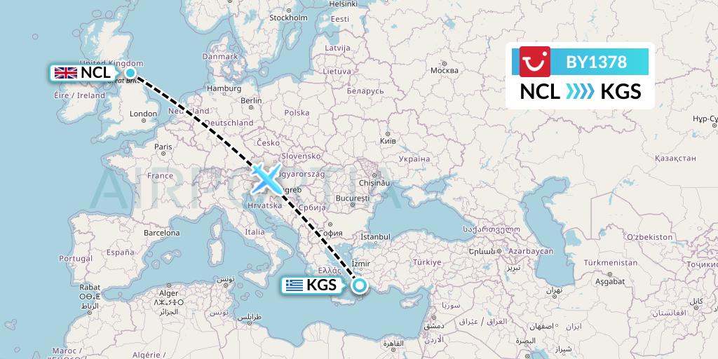 BY1378 TUI Airways Flight Map: Newcastle to Kos