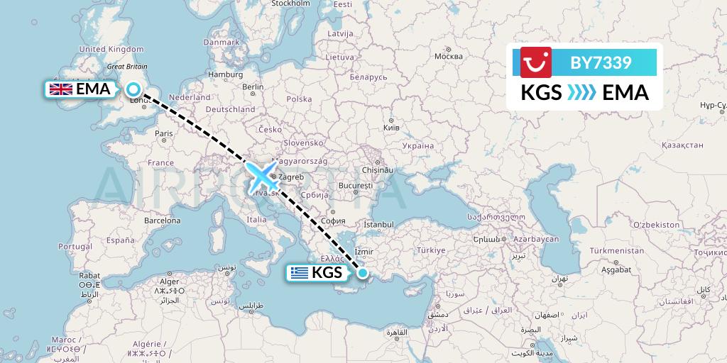 BY7339 TUI Airways Flight Map: Kos to East Midlands