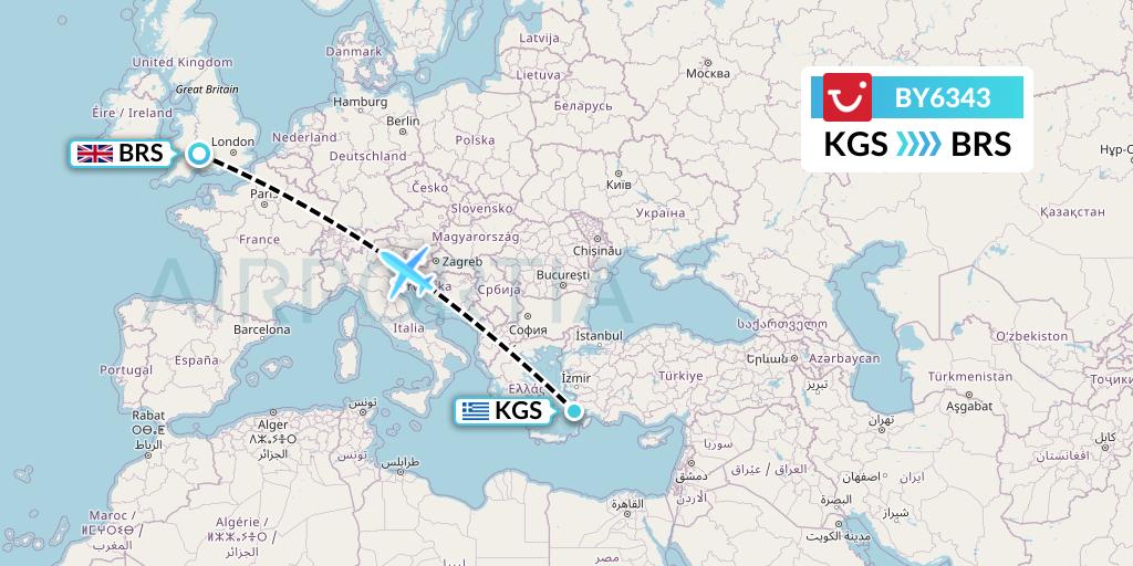 BY6343 TUI Airways Flight Map: Kos to Bristol