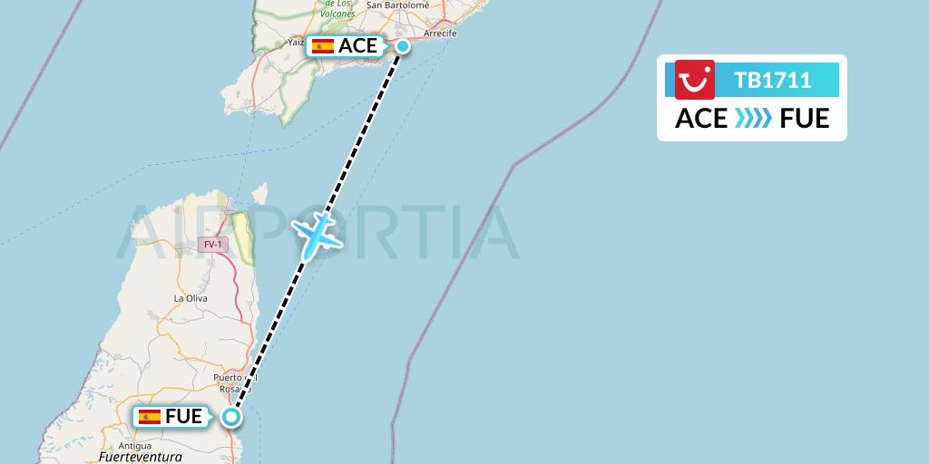 TB1711 TUI fly Belgium Flight Map: Lanzarote to Fuerteventura