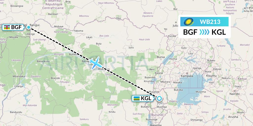 WB213 RwandAir Flight Map: Bangui to Kigali