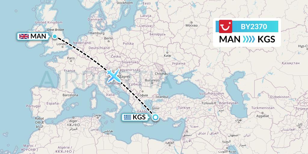 BY2370 TUI Airways Flight Map: Manchester to Kos