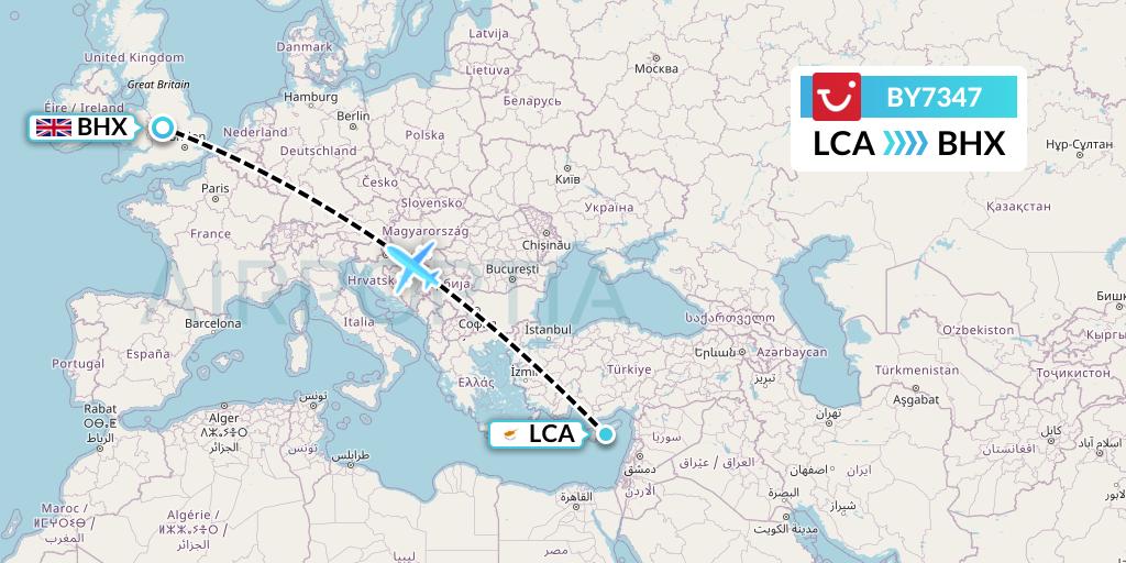 BY7347 TUI Airways Flight Map: Larnaca to Birmingham