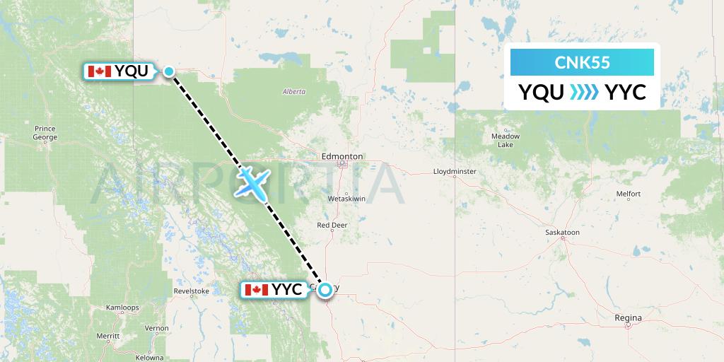 CNK55 Sunwest Aviation Flight Map: Grande Prairie to Calgary