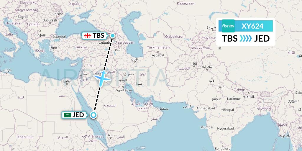 XY624 Flynas Flight Map: Tbilisi to Jeddah