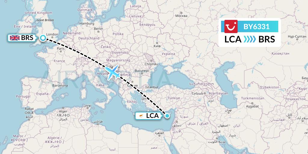 BY6331 TUI Airways Flight Map: Larnaca to Bristol