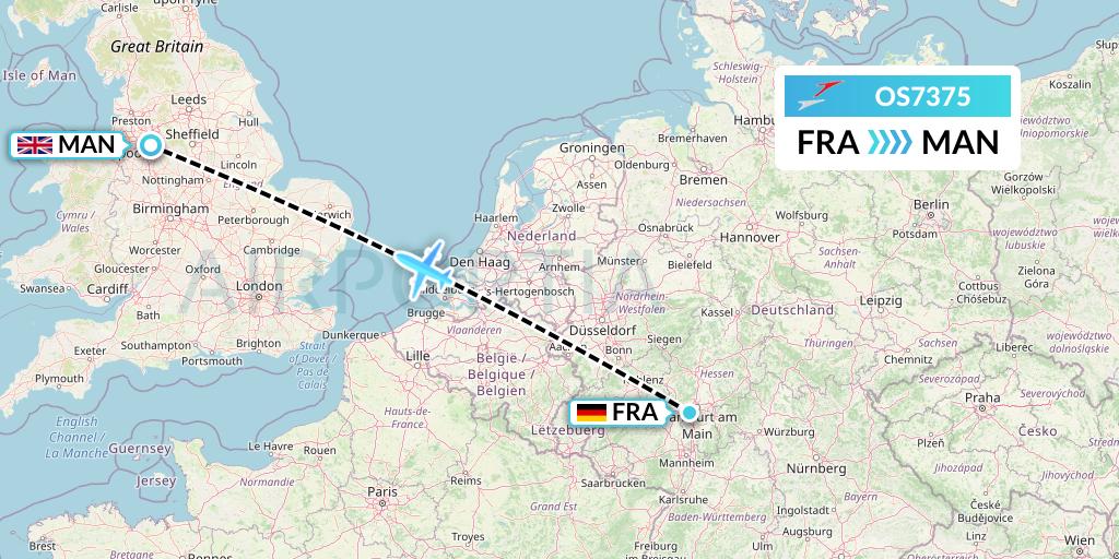 OS7375 Austrian Airlines Flight Map: Frankfurt to Manchester