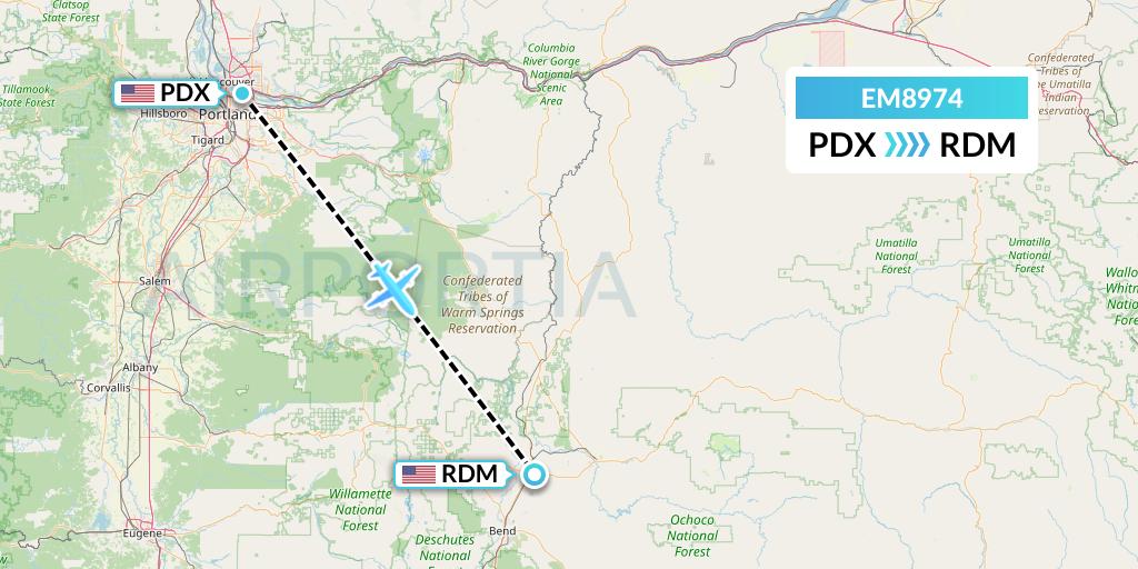 EM8974 Empire Airlines Flight Map: Portland to Redmond