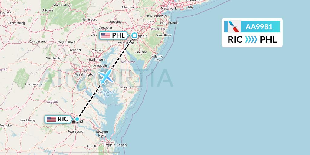 AA9981 American Airlines Flight Map: Richmond to Philadelphia