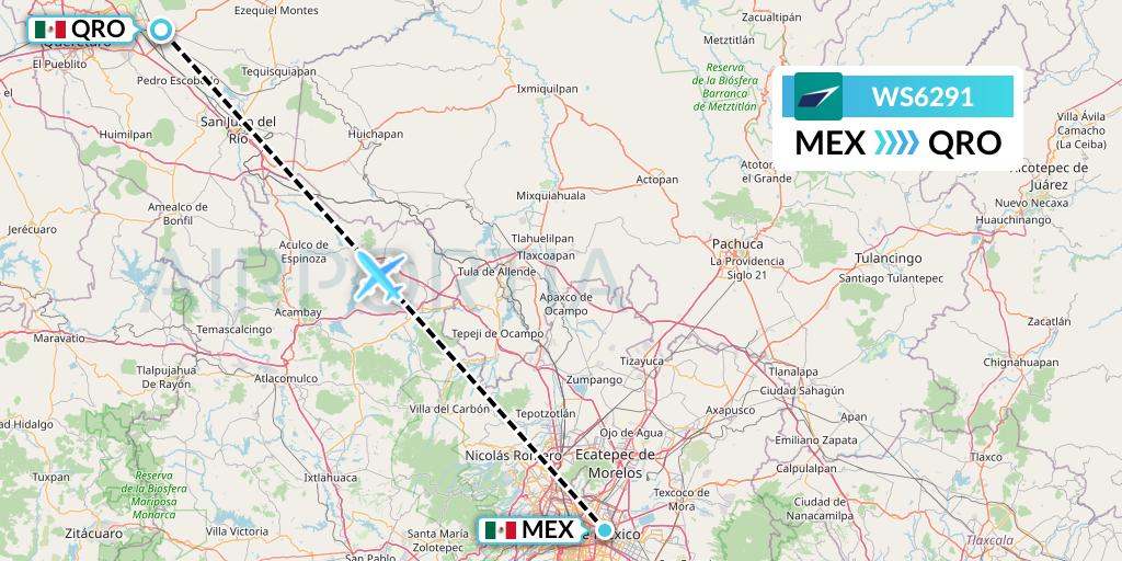 WS6291 WestJet Flight Map: Mexico City to Queretaro