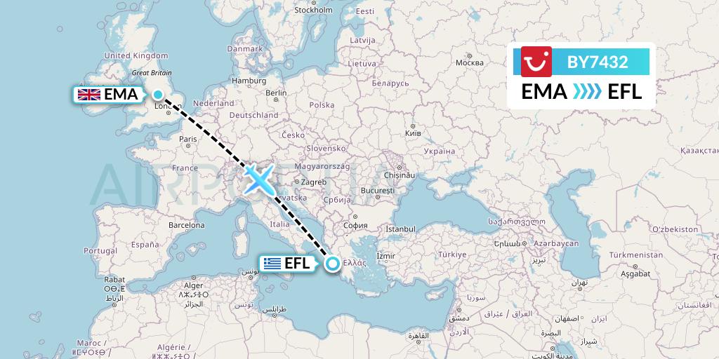 BY7432 TUI Airways Flight Map: East Midlands to Kefalonia