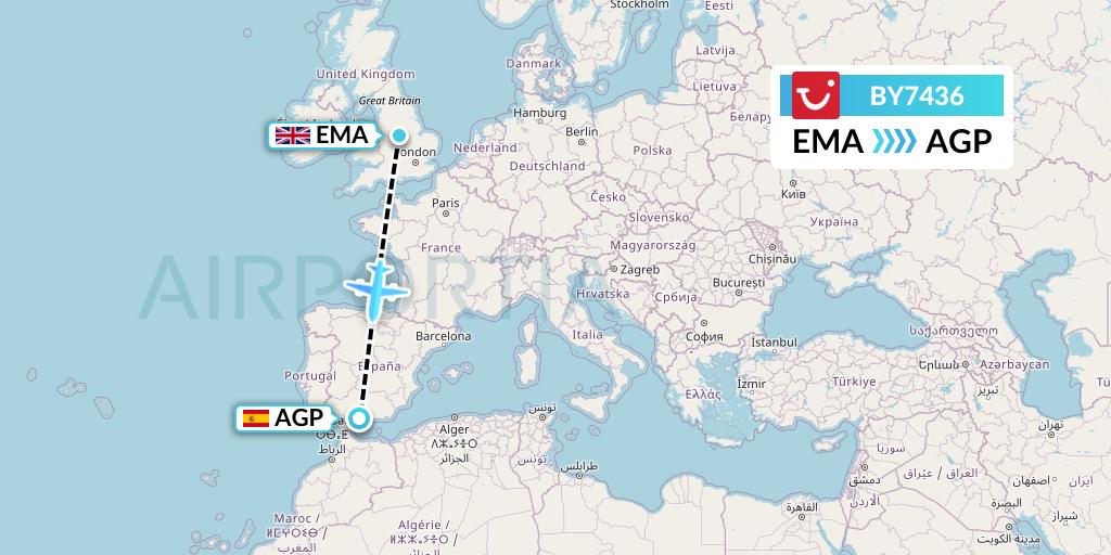 BY7436 TUI Airways Flight Map: East Midlands to Malaga