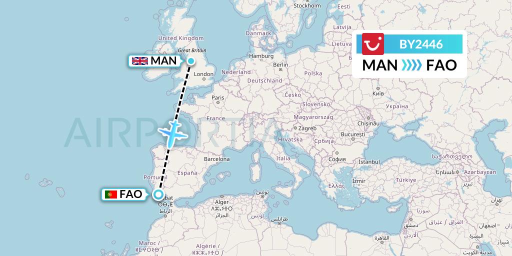 BY2446 TUI Airways Flight Map: Manchester to Faro