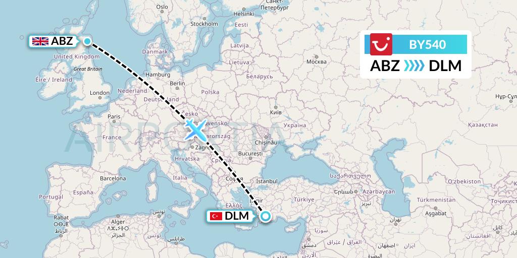 BY540 TUI Airways Flight Map: Aberdeen to Dalaman