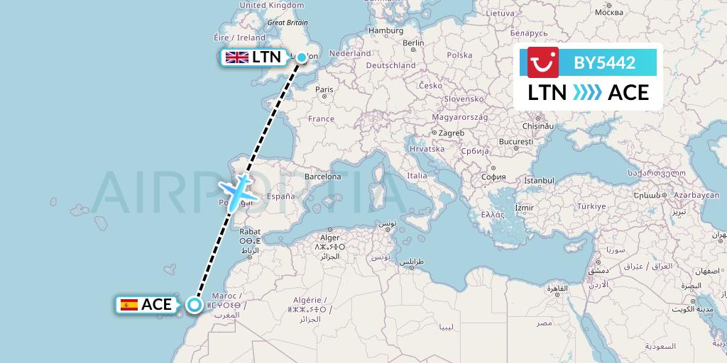 BY5442 TUI Airways Flight Map: London to Lanzarote