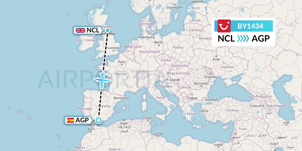 BY1434 TUI Airways Flight Map: Newcastle to Malaga