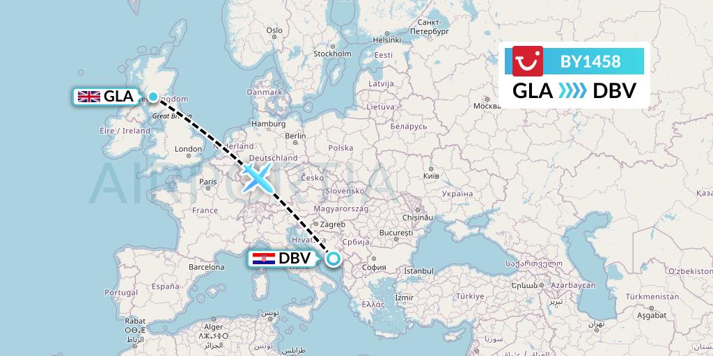 BY1458 TUI Airways Flight Map: Glasgow to Dubrovnik
