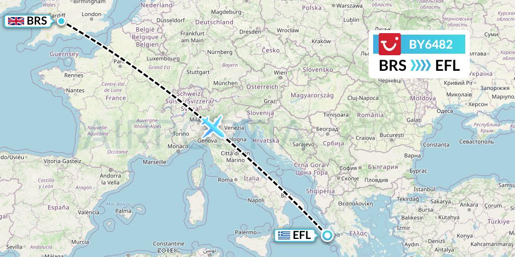 BY6482 TUI Airways Flight Map: Bristol to Kefalonia