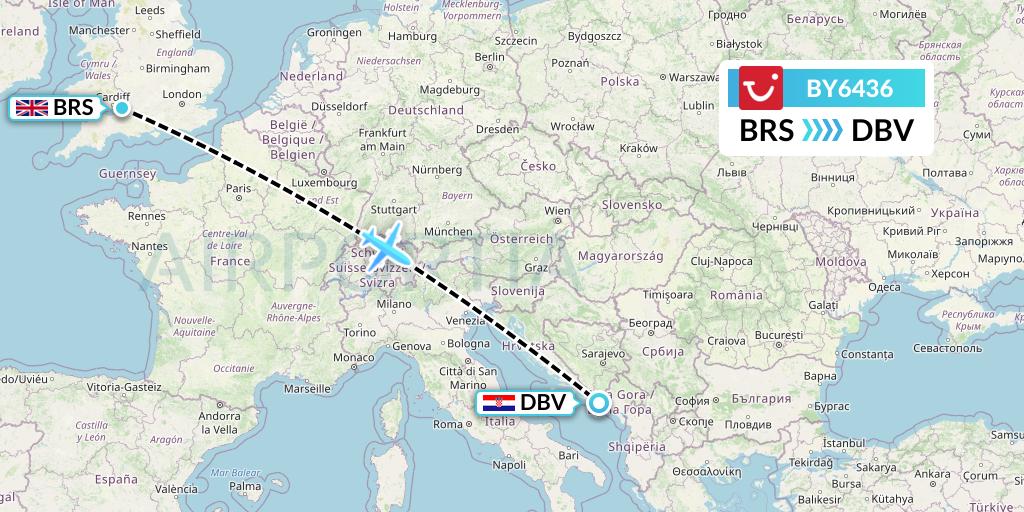 BY6436 TUI Airways Flight Map: Bristol to Dubrovnik