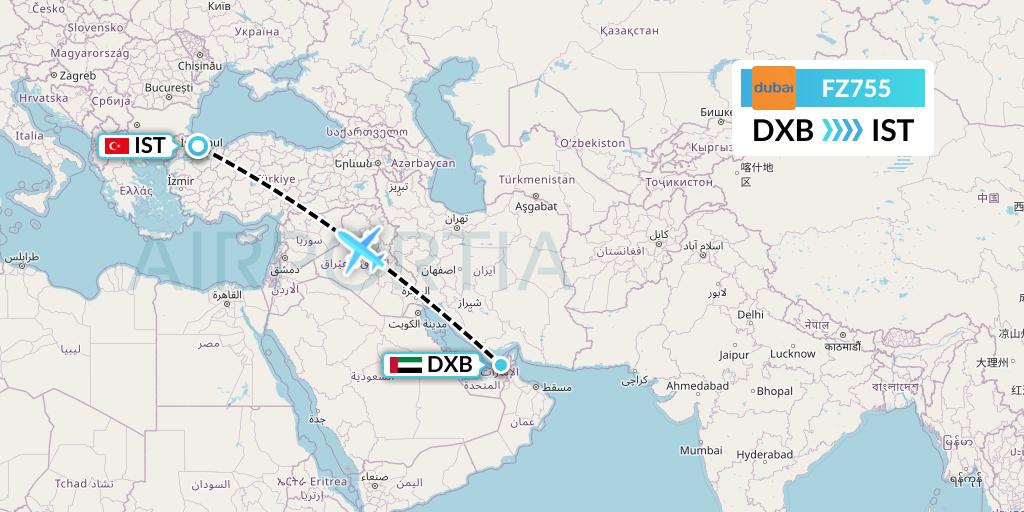 FZ755 FlyDubai Flight Map: Dubai to Istanbul