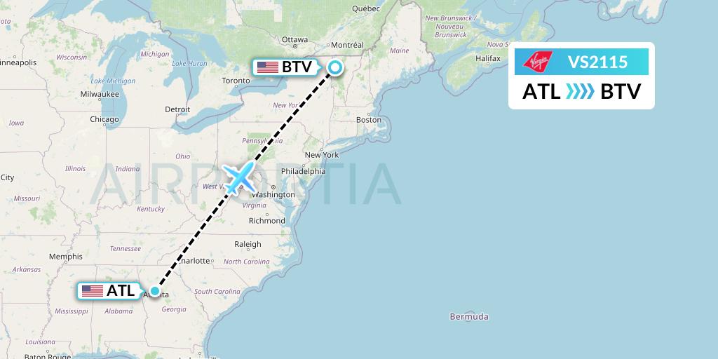 VS2115 Virgin Atlantic Airways Flight Map: Atlanta to Burlington