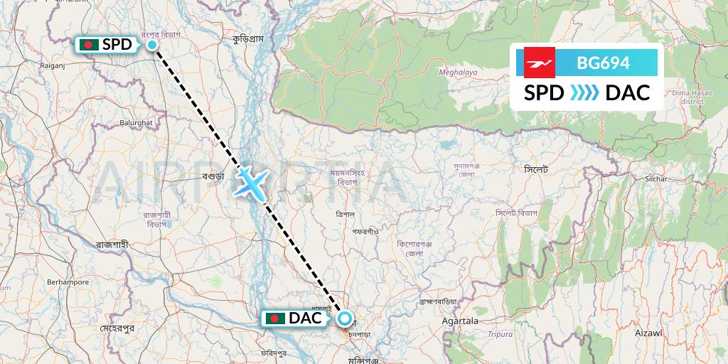 BG694 Biman Bangladesh Airlines Flight Map: Saidpur to Dhaka