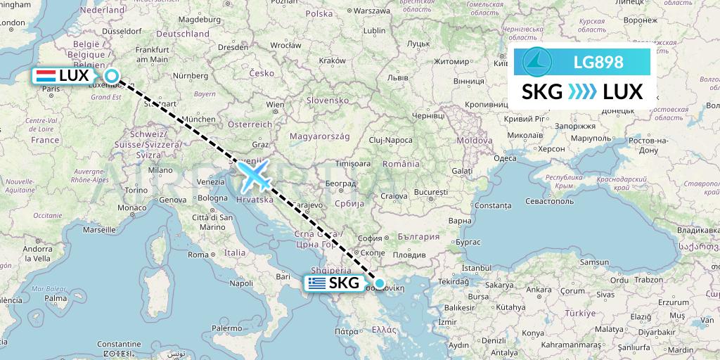 LG898 Luxair Flight Map: Thessaloniki to Luxembourg