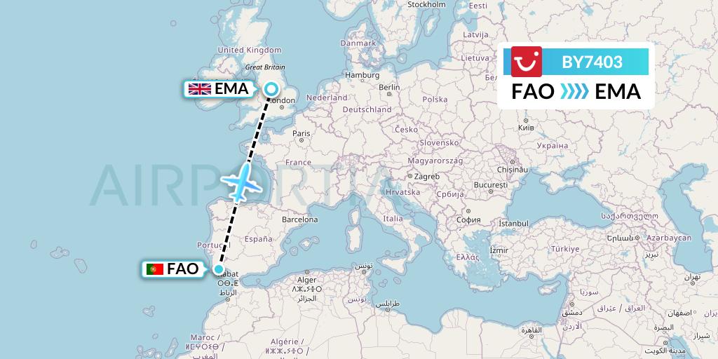 BY7403 TUI Airways Flight Map: Faro to East Midlands
