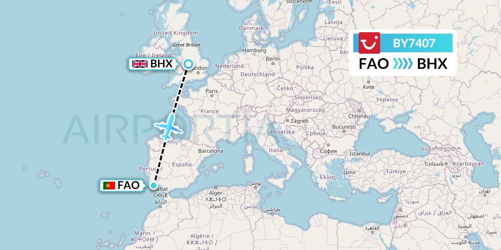 BY7407 TUI Airways Flight Map: Faro to Birmingham