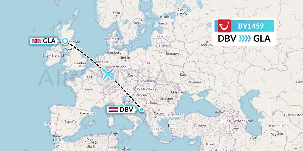 BY1459 TUI Airways Flight Map: Dubrovnik to Glasgow