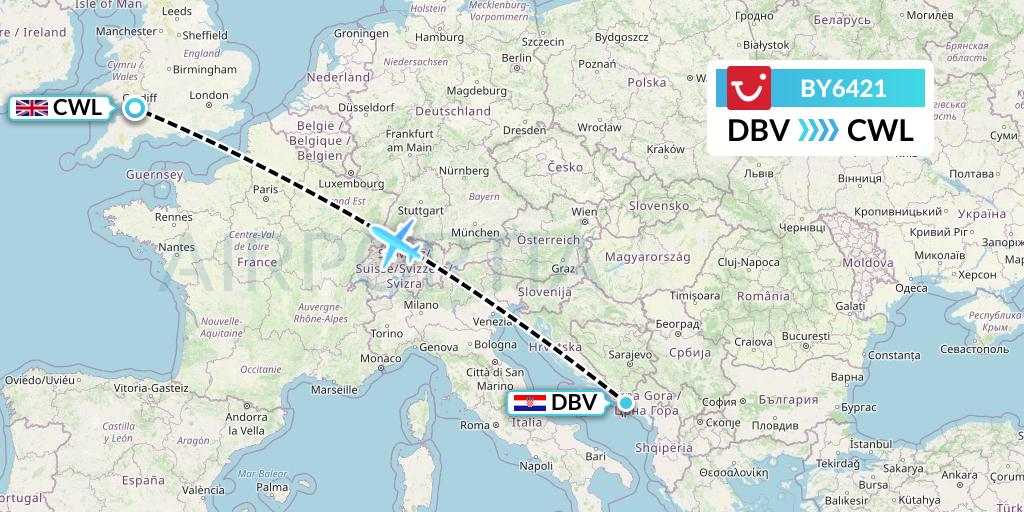 BY6421 TUI Airways Flight Map: Dubrovnik to Cardiff