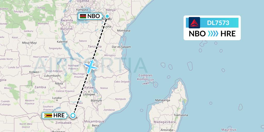 DL7573 Delta Air Lines Flight Map: Nairobi to Harare