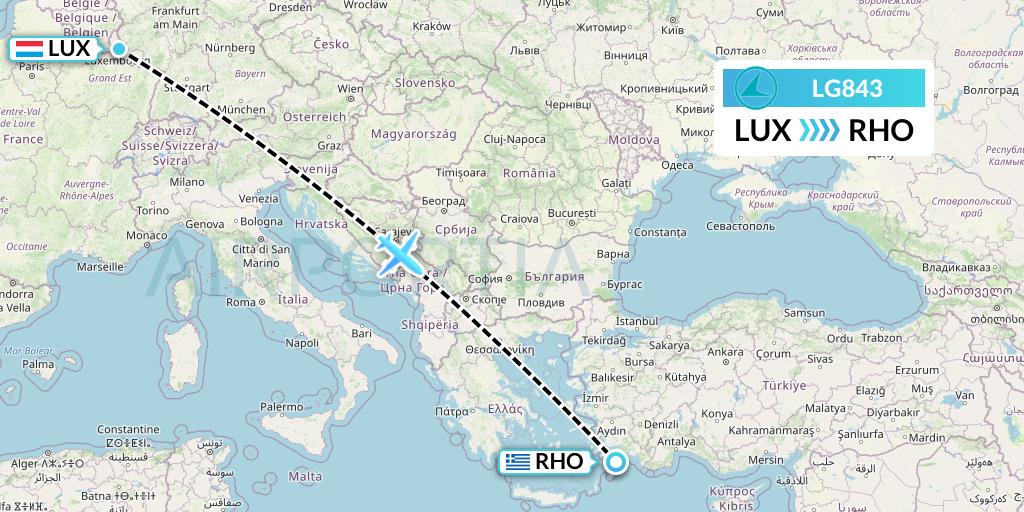 LG843 Luxair Flight Map: Luxembourg to Rhodes