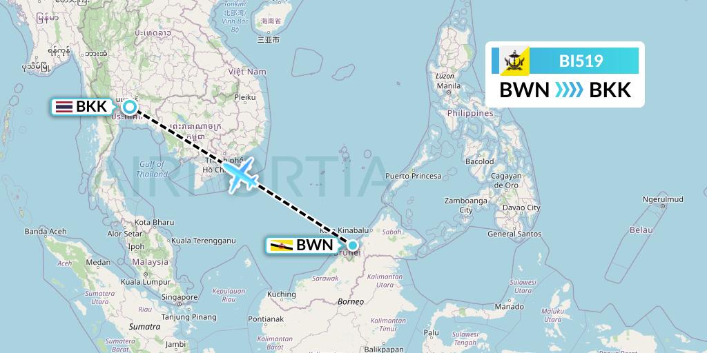 BI519 Royal Brunei Airlines Flight Map: Brunei to Bangkok