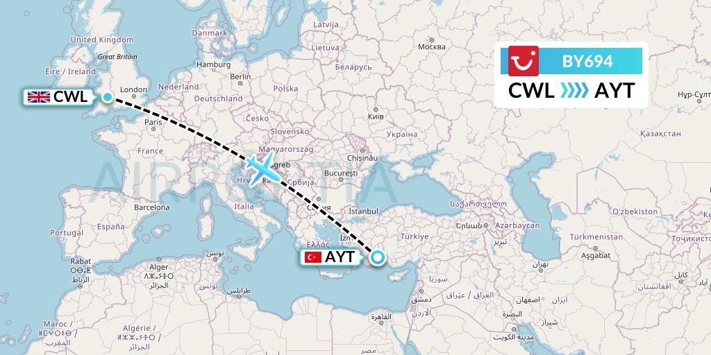 BY694 TUI Airways Flight Map: Cardiff to Antalya