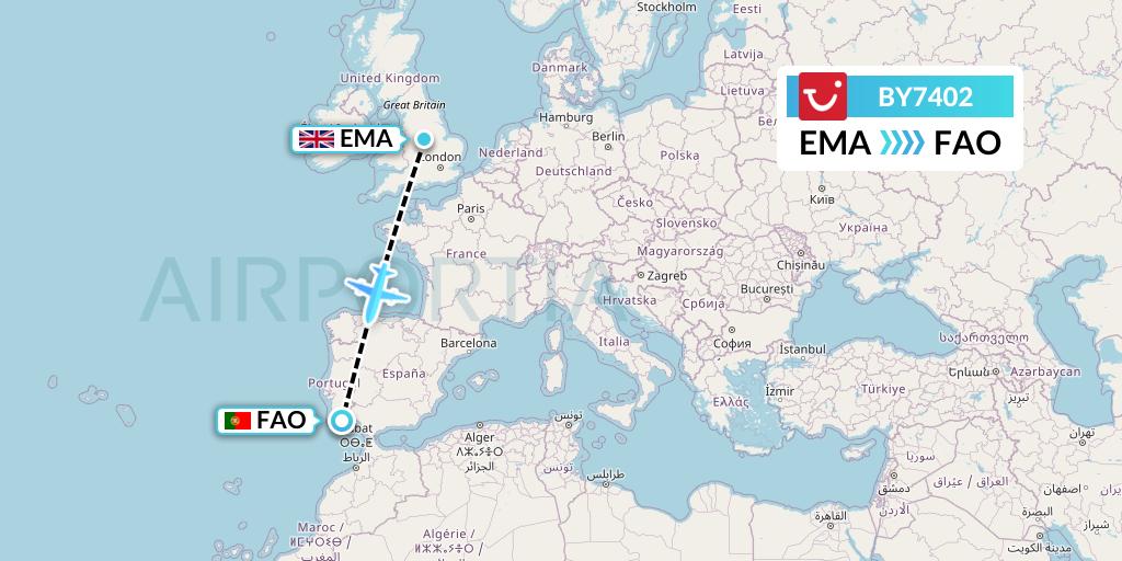 BY7402 TUI Airways Flight Map: East Midlands to Faro
