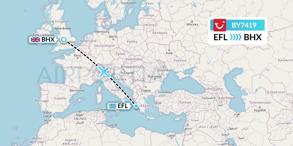 BY7419 TUI Airways Flight Map: Kefalonia to Birmingham