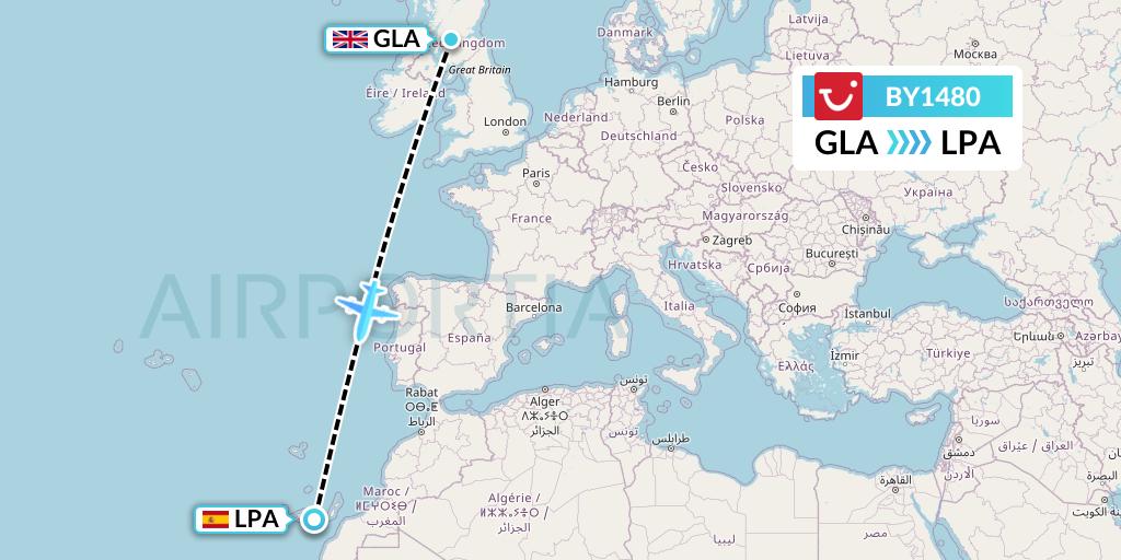 BY1480 TUI Airways Flight Map: Glasgow to Las Palmas