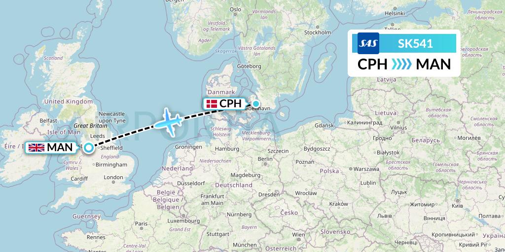 SK541 SAS Flight Map: Copenhagen to Manchester