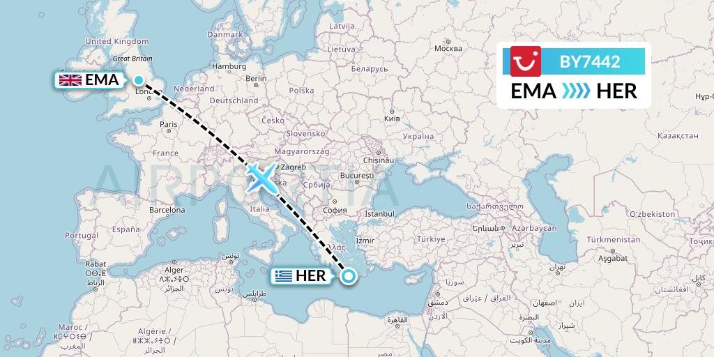 BY7442 TUI Airways Flight Map: East Midlands to Heraklion
