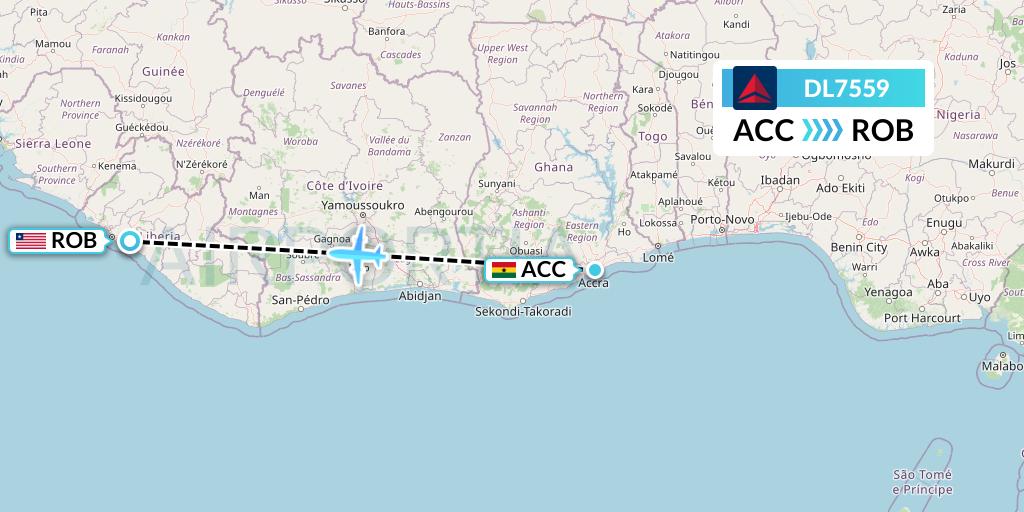 DL7559 Delta Air Lines Flight Map: Accra to Monrovia
