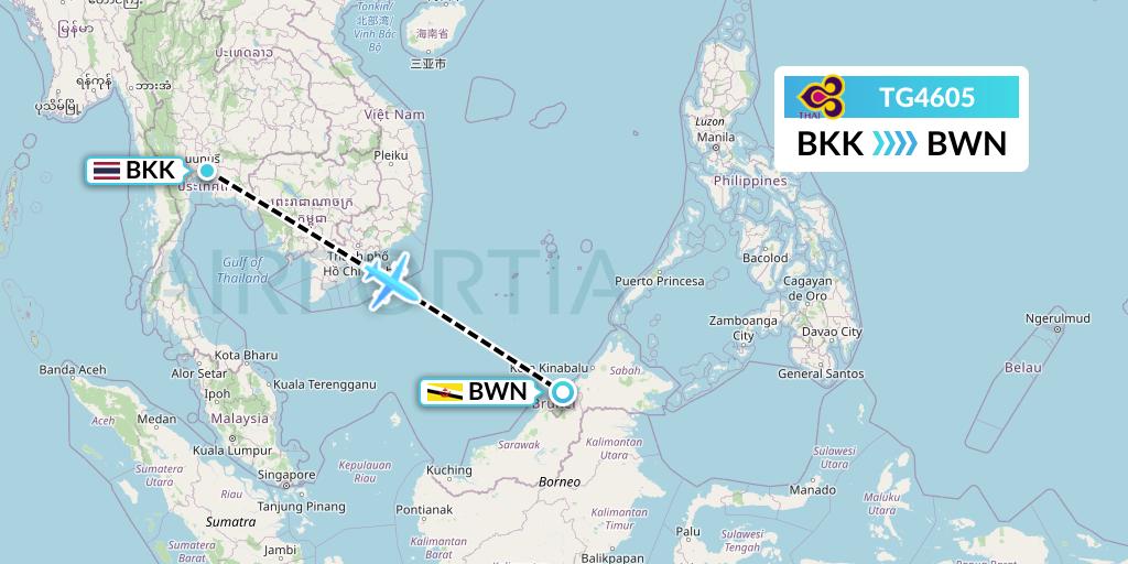 TG4605 Thai Airways Flight Map: Bangkok to Brunei