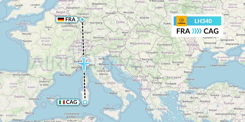 LH340 Lufthansa Flight Map: Frankfurt to Cagliari