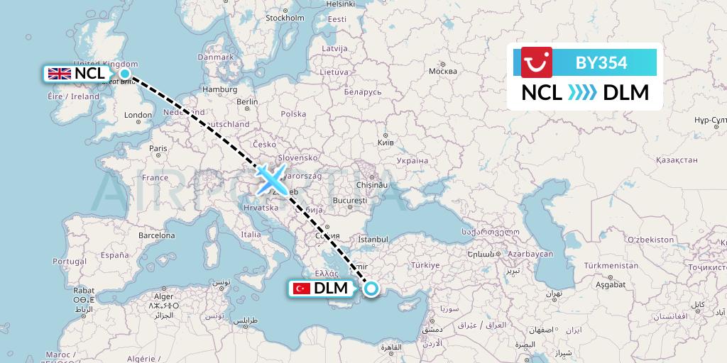BY354 TUI Airways Flight Map: Newcastle to Dalaman