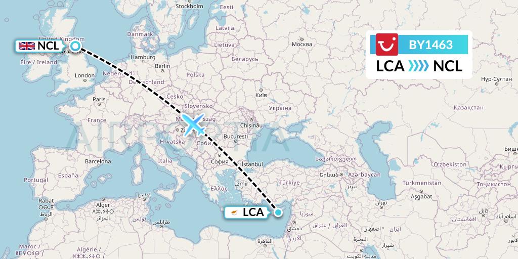 BY1463 TUI Airways Flight Map: Larnaca to Newcastle
