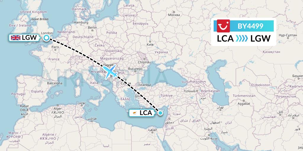 BY4499 TUI Airways Flight Map: Larnaca to London