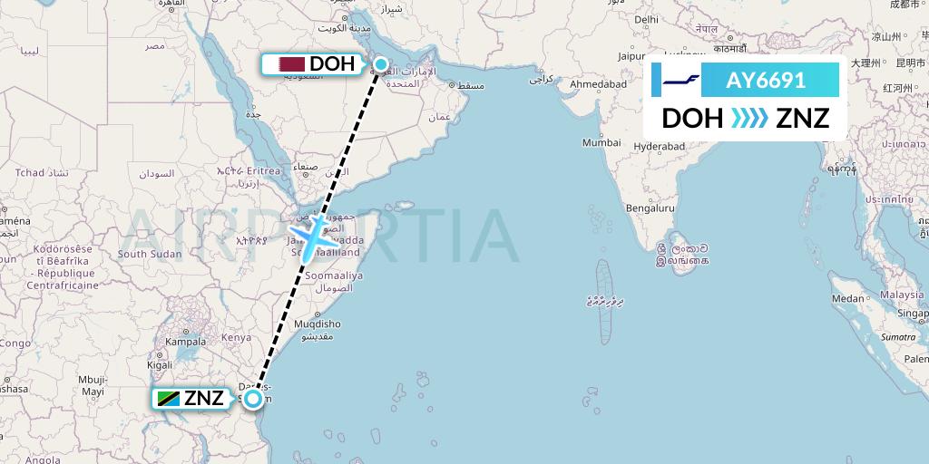 AY6691 Finnair Flight Map: Doha to Zanzibar